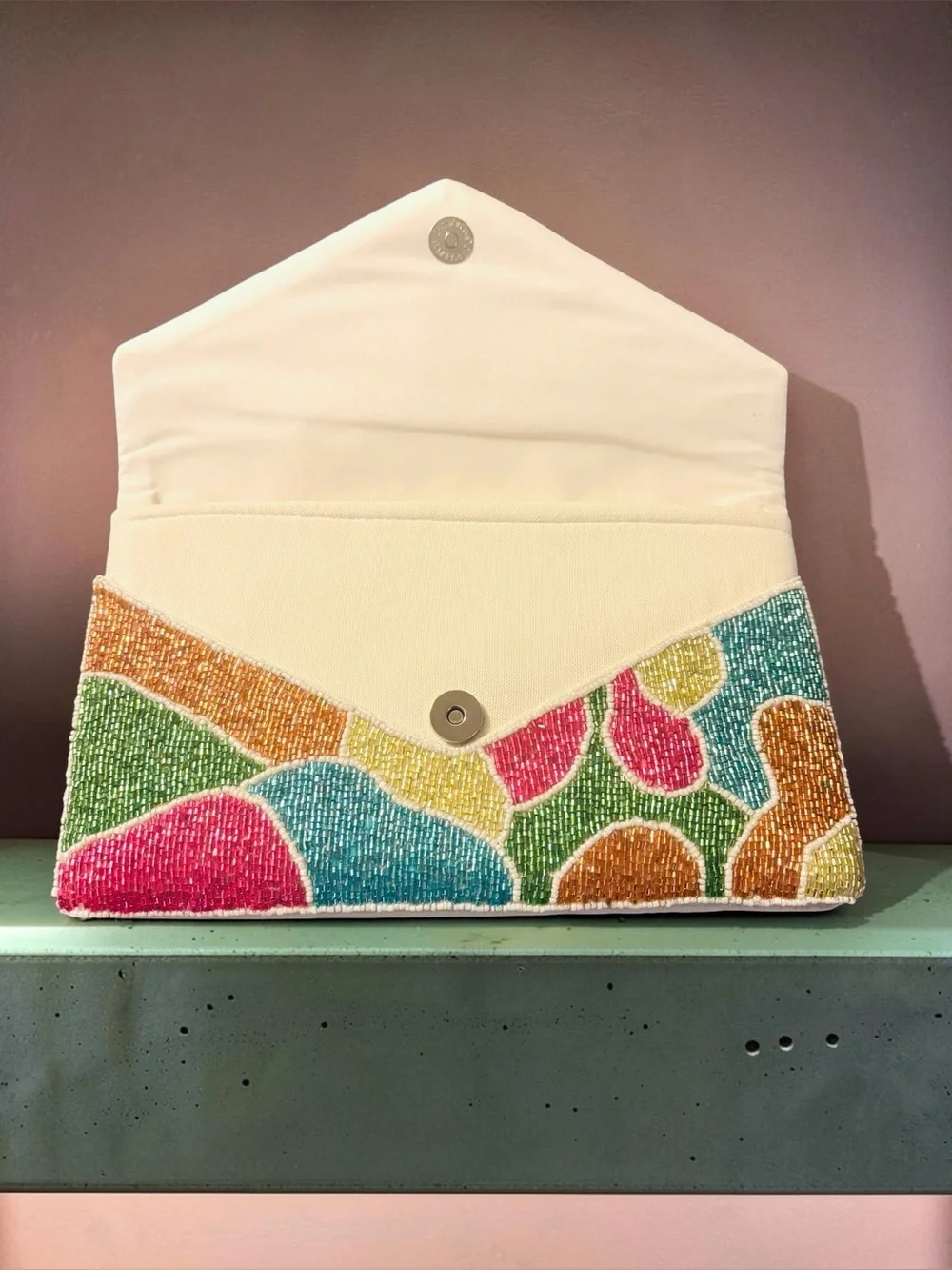 Sassy Jones Beaded Multicolor Envelope Clutch with Chain